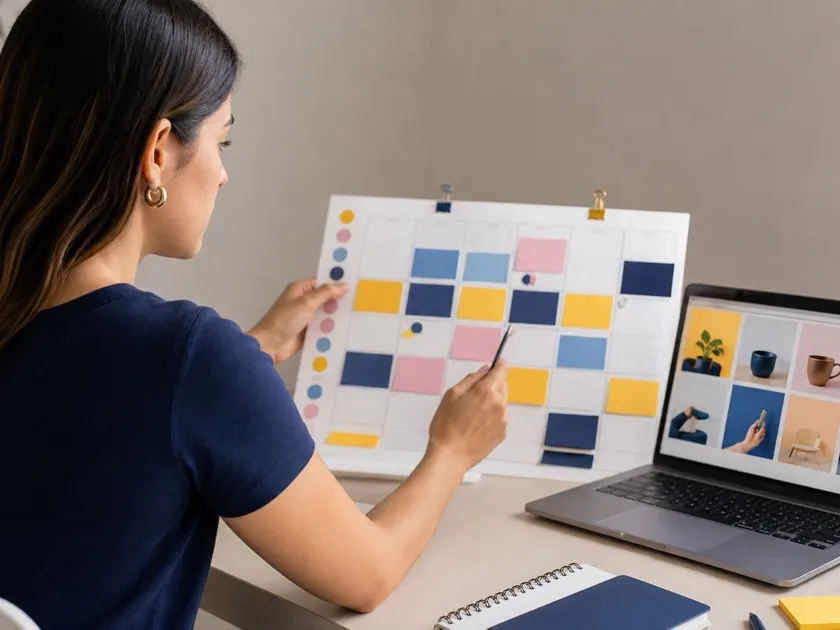 Profissional organizando um calendário editorial e posts prontos para agendamento em redes sociais