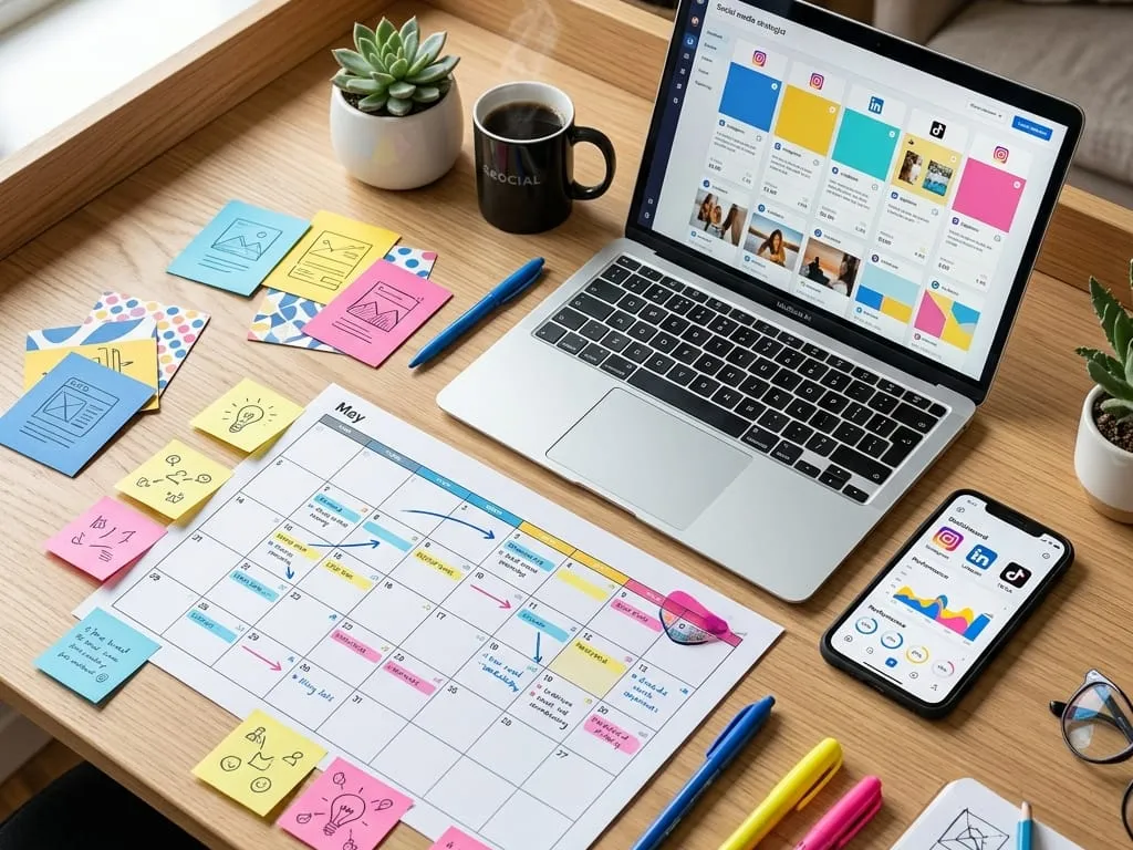 Mesa de trabalho com calendário editorial, cartões de conteúdo, celular e gráficos de redes sociais