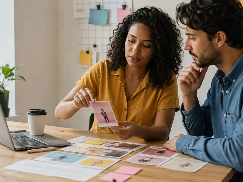 Equipe de social media revisando aprovação de posts e calendário de conteúdo em um notebook