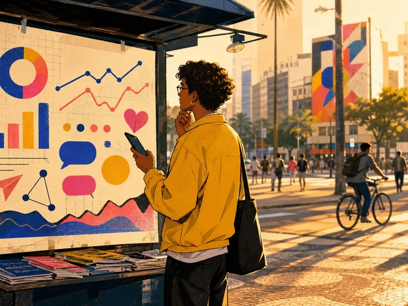 Pessoa analisando gráficos abstratos de alcance e interações em uma banca de jornal urbana