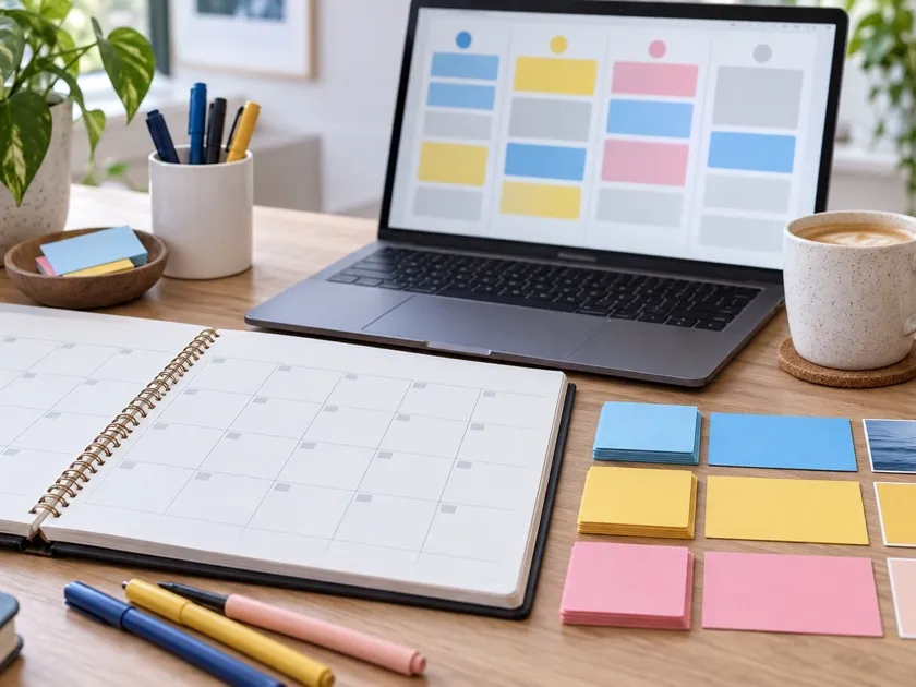 Profissional organizando pautas para redes sociais em cartões por pilares de conteúdo e calendário editorial
