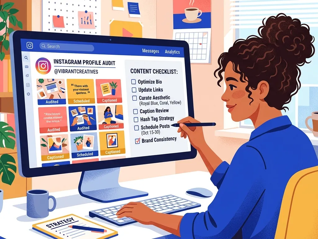 Profissional analisando perfil e métricas no Instagram com checklist de auditoria em laptop e celular
