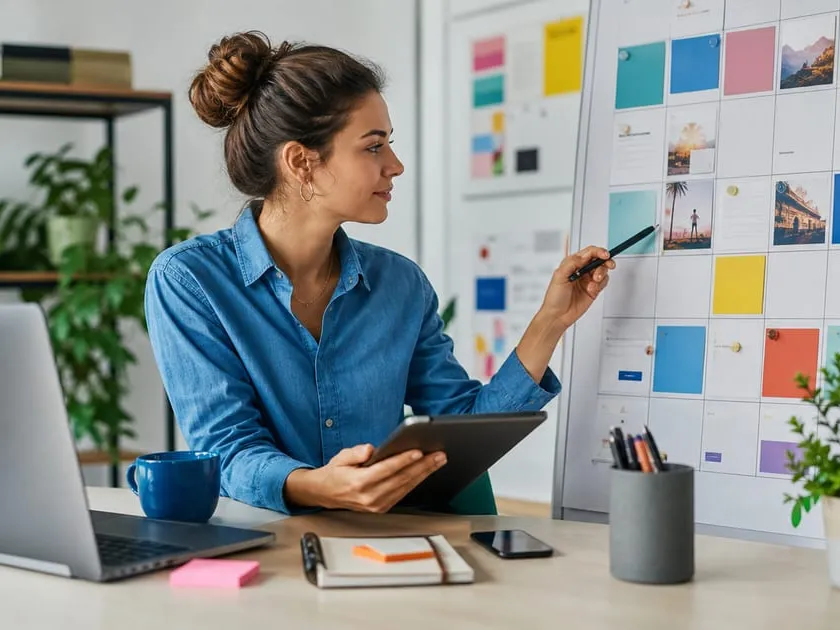 Profissional organizando calendário de postagens para várias redes sociais em uma mesa com laptop, celular e cartões de conteúdo