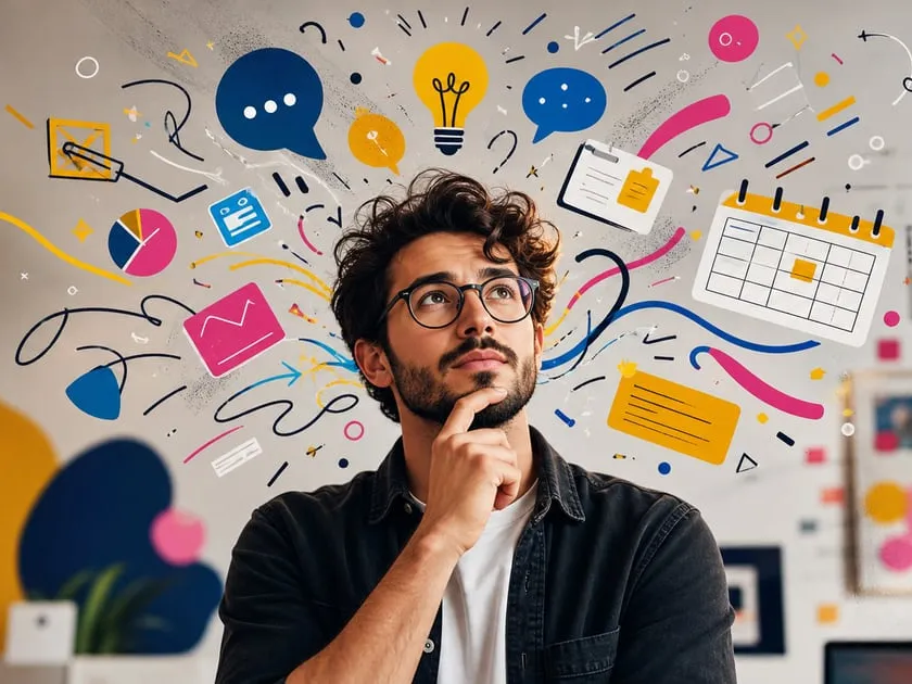 Publicitário pensando em ideias de conteúdo com grafismos de calendário, métricas e posts ao redor