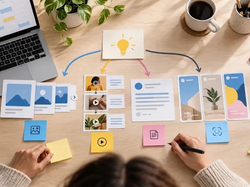 Mesa de trabalho com uma ideia central sendo transformada em vários formatos de conteúdo para redes sociais