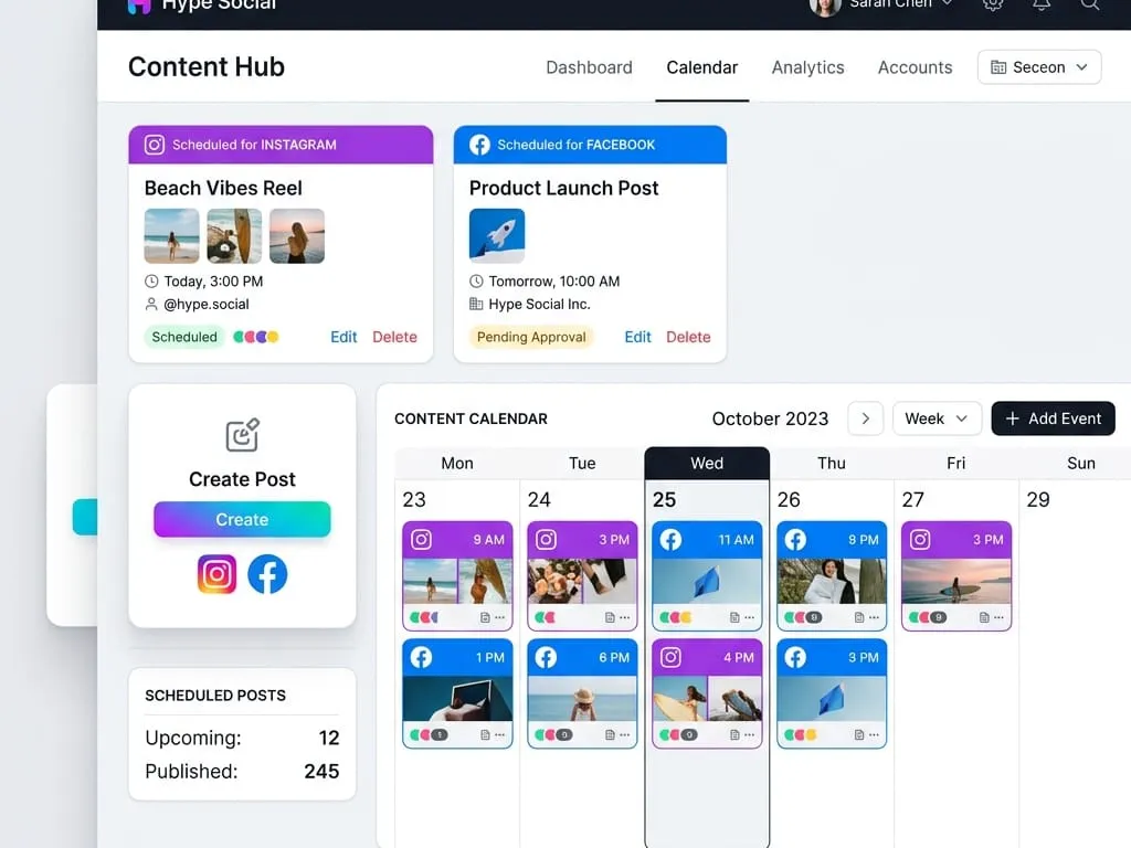 Tela de agendamento da Hype Social com ícones de Instagram e Facebook
