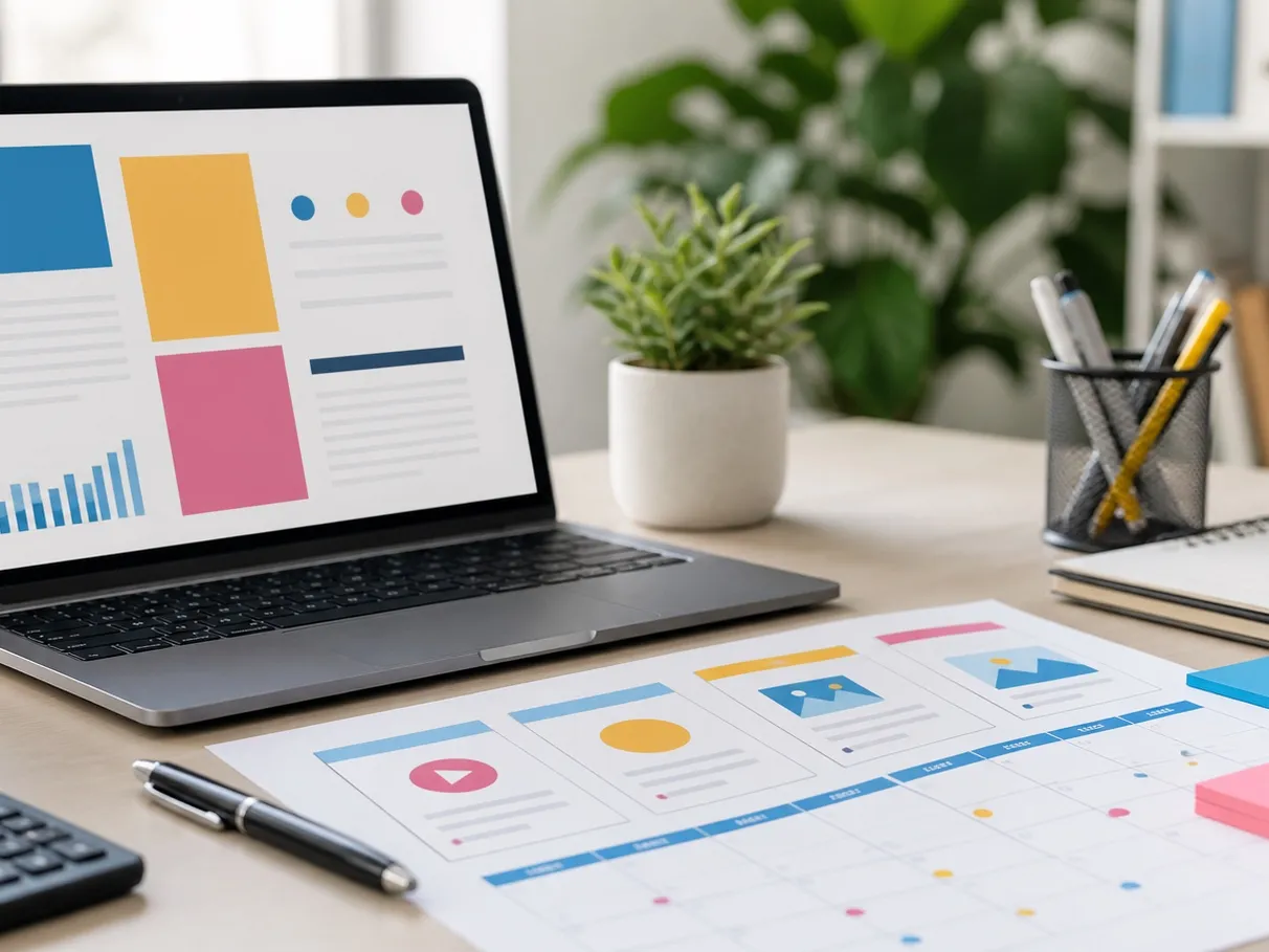 Mesa de trabalho com proposta comercial, calendário de conteúdo e planejamento de social media