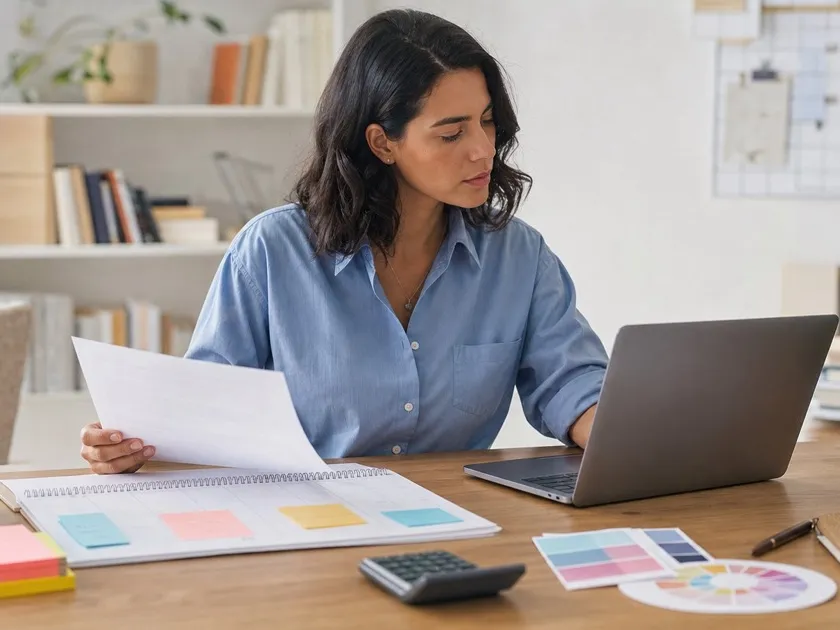 Profissional calculando o preço de um serviço de social media com calendário editorial e proposta comercial
