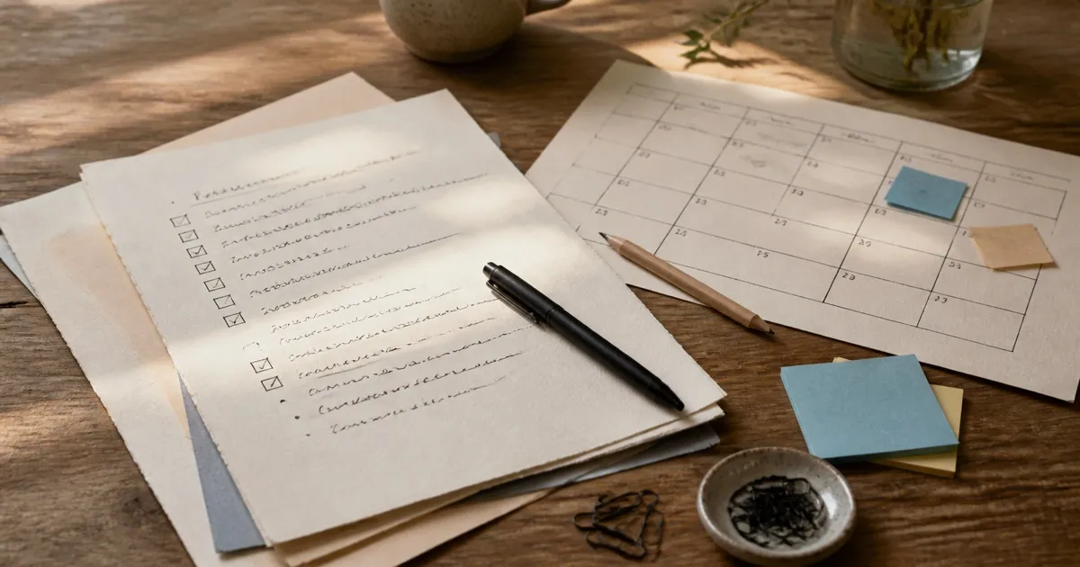 Briefing de redes sociais escrito à mão em papéis sobre mesa rústica com caneta e calendário editorial