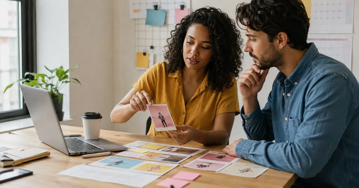 Equipe de social media revisando aprovação de posts e calendário de conteúdo em um notebook