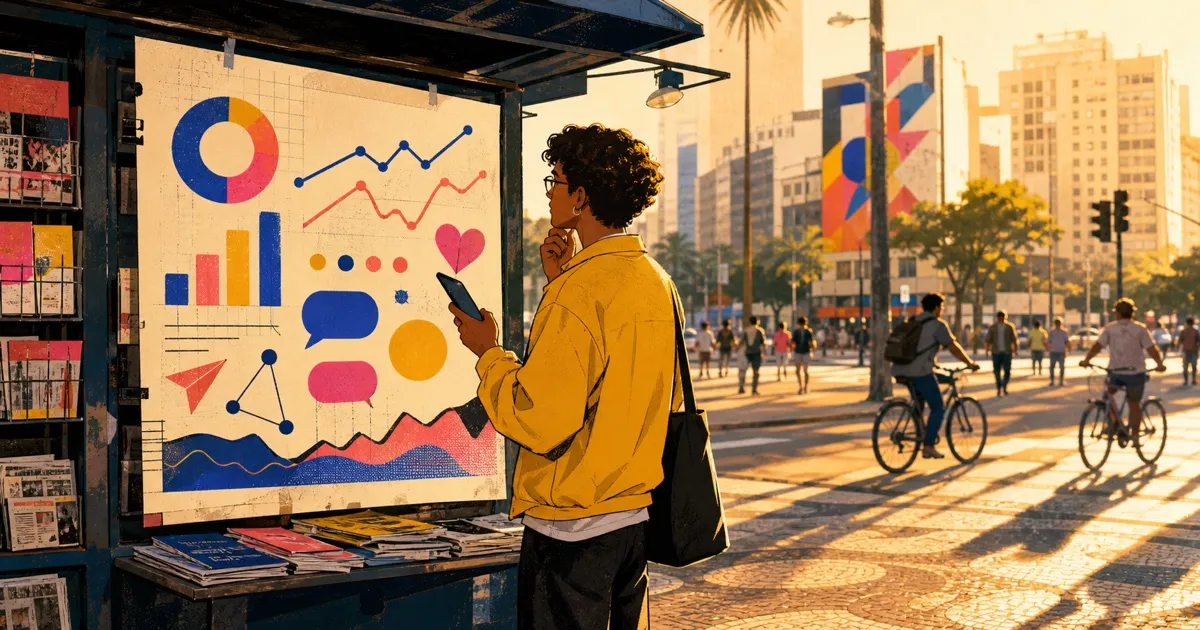 Pessoa analisando gráficos abstratos de alcance e interações em uma banca de jornal urbana