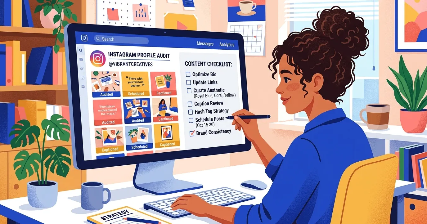 Profissional analisando perfil e métricas no Instagram com checklist de auditoria em laptop e celular