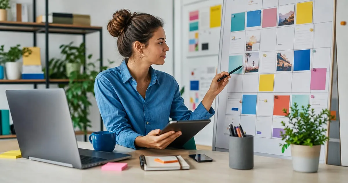 Profissional organizando calendário de postagens para várias redes sociais em uma mesa com laptop, celular e cartões de conteúdo