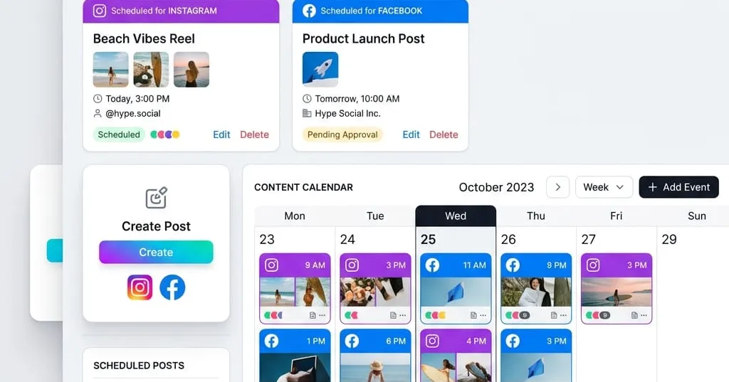 Tela de agendamento da Hype Social com ícones de Instagram e Facebook
