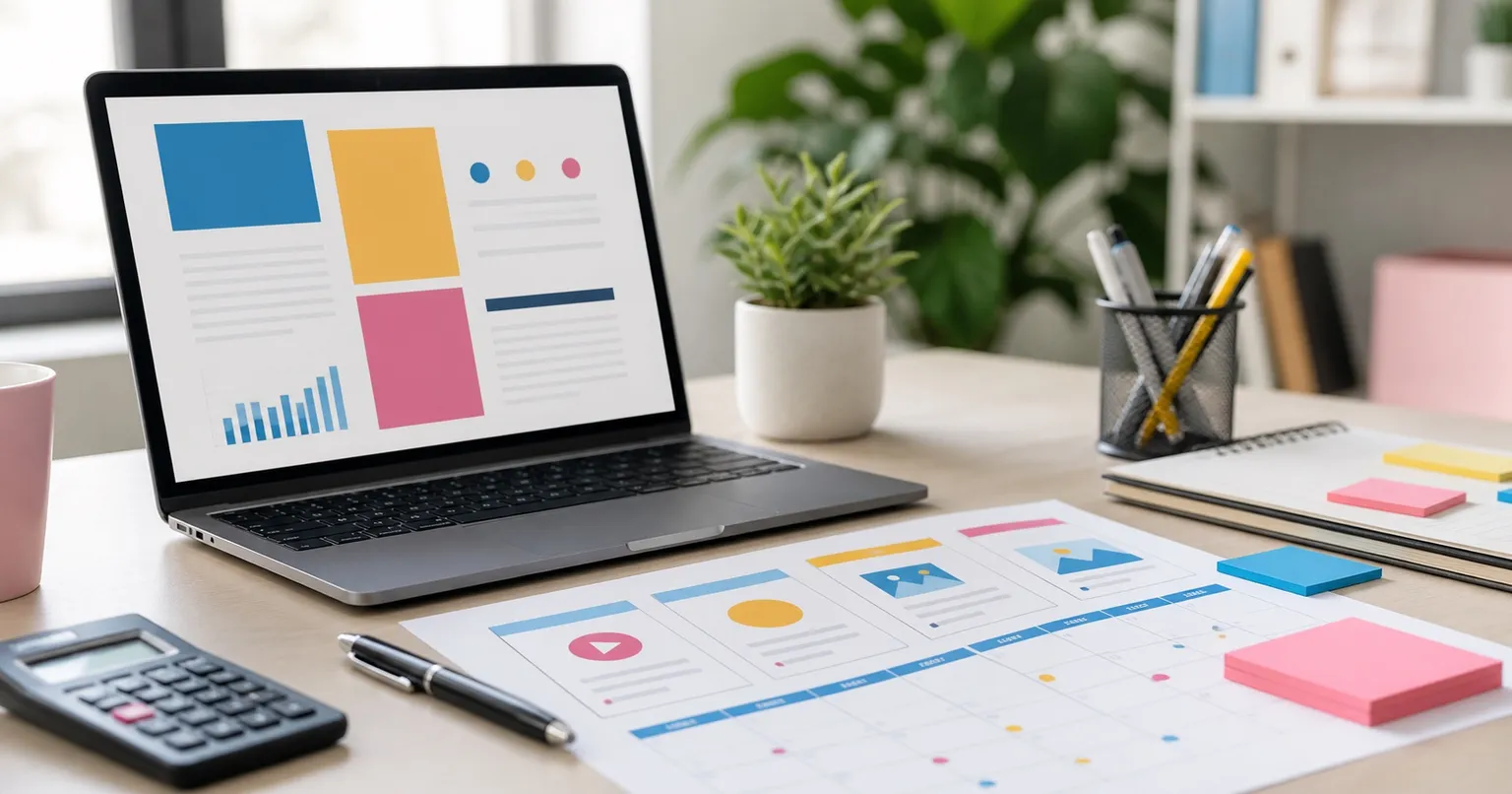 Mesa de trabalho com proposta comercial, calendário de conteúdo e planejamento de social media