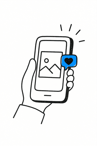 Smartphone exibindo a tela do aplicativo Hype Social para gerenciamento de posts e acompanhamento de relatórios
